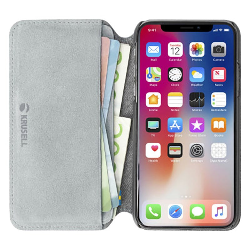 Krusell Broby Slim Wallet iPhone XS Max Suede Flip Case - Grey