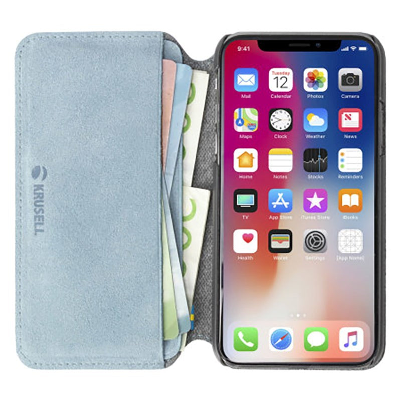 Krusell Broby Slim Wallet iPhone XS/X Suede Flip Case - Blue