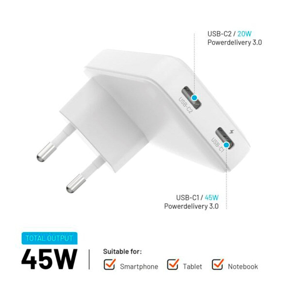 Fixed Slim GaN 90W USB-C Laddare - 2 Portar - Snabbladdning - Vit