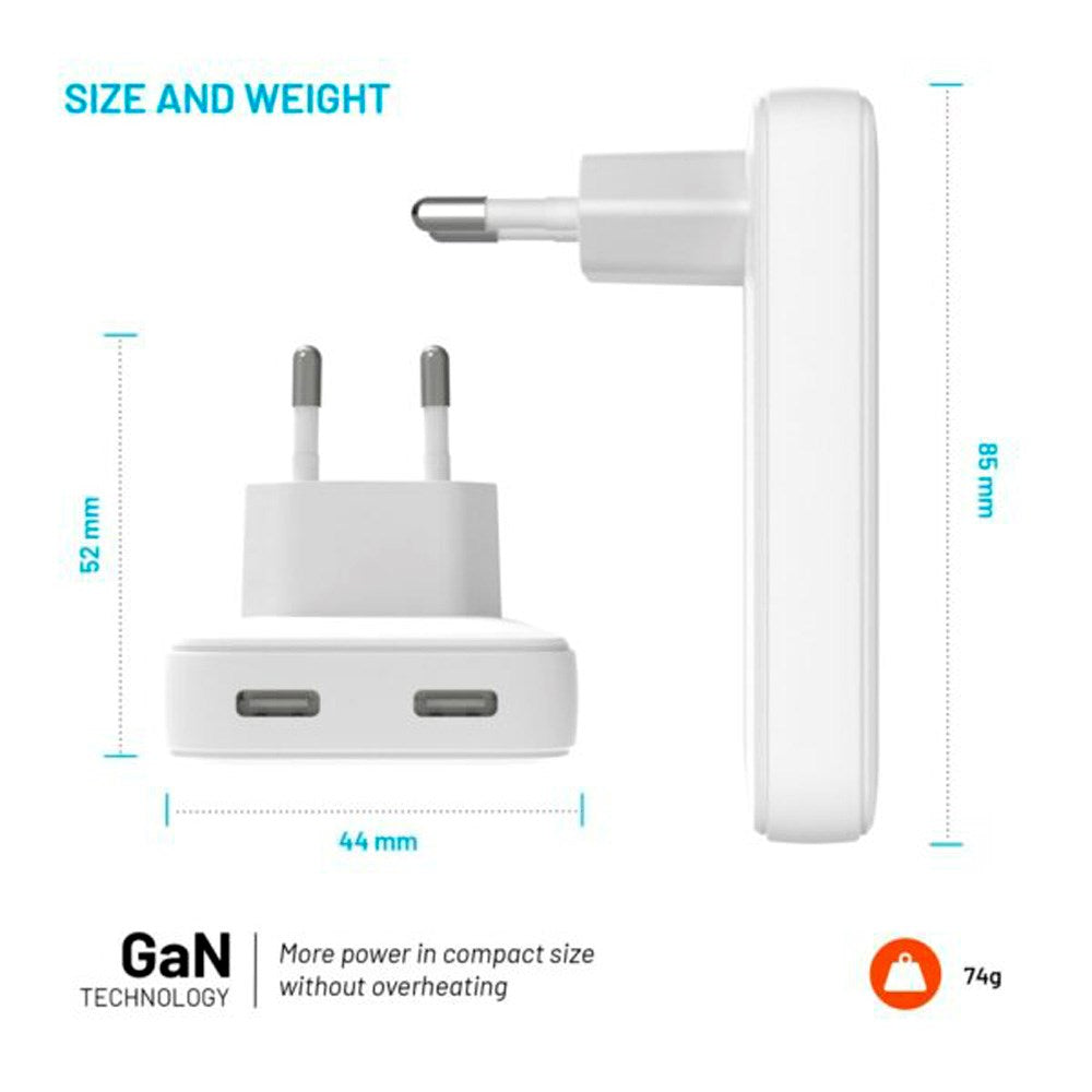 Fixed Slim GaN 90W USB-C Laddare - 2 Portar - Snabbladdning - Vit