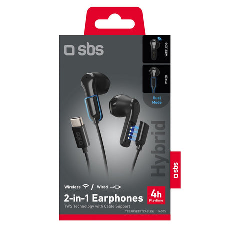 SBS Hybrid 2-i-1 Hörlurar - med / utan Kabel - USB-C - Svart
