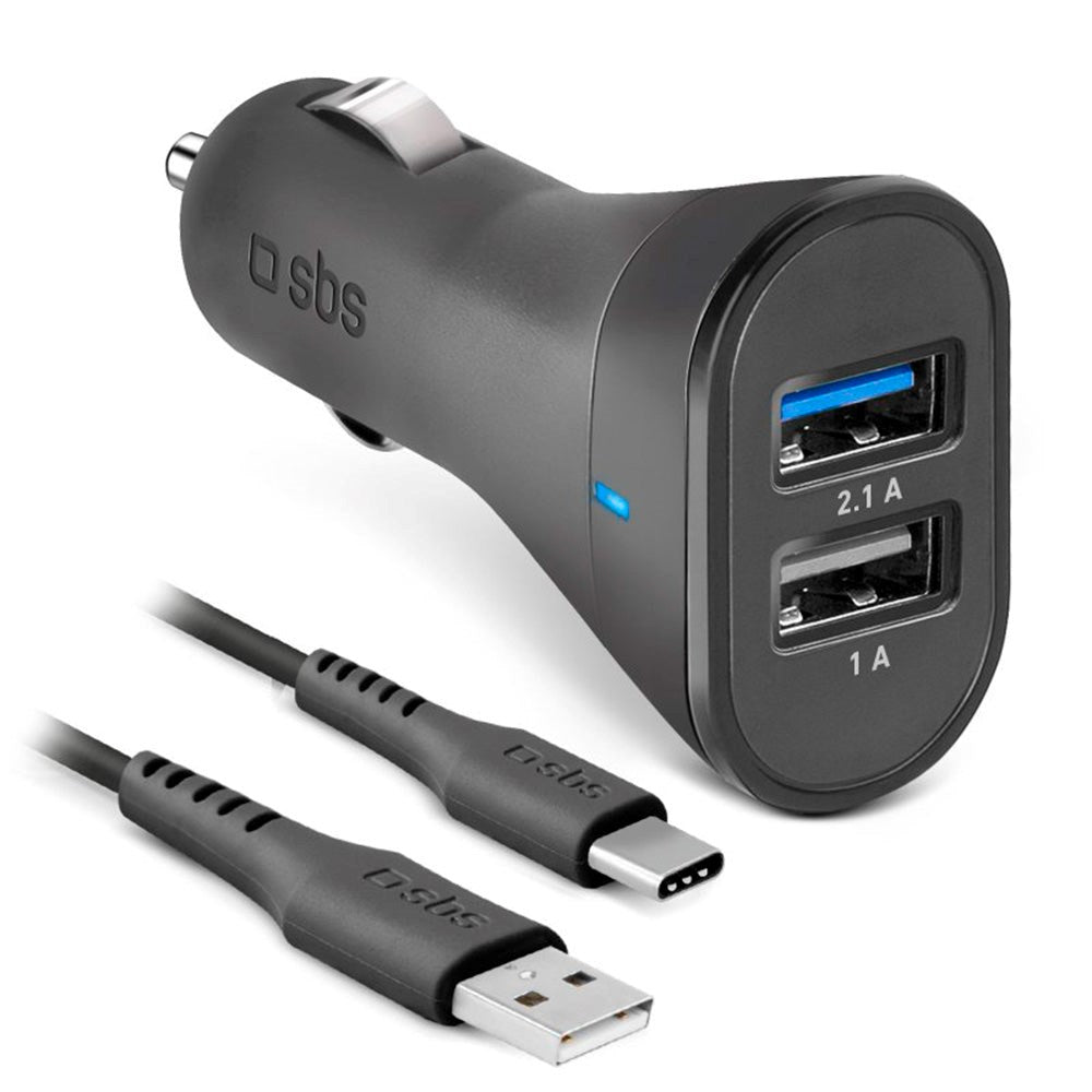 SBS 10W Billaddare Set med 2 x USB-A & USB-C Kabel - Svart