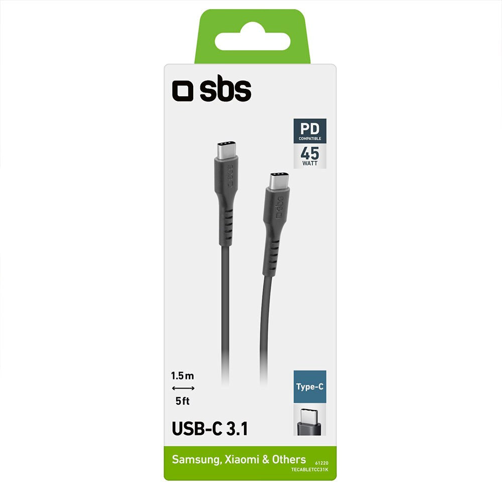 SBS USB-C till USB-C 3.1 Kabel - 1.5 Meter - 10 Gbit/s / 45W (PD) - Svart