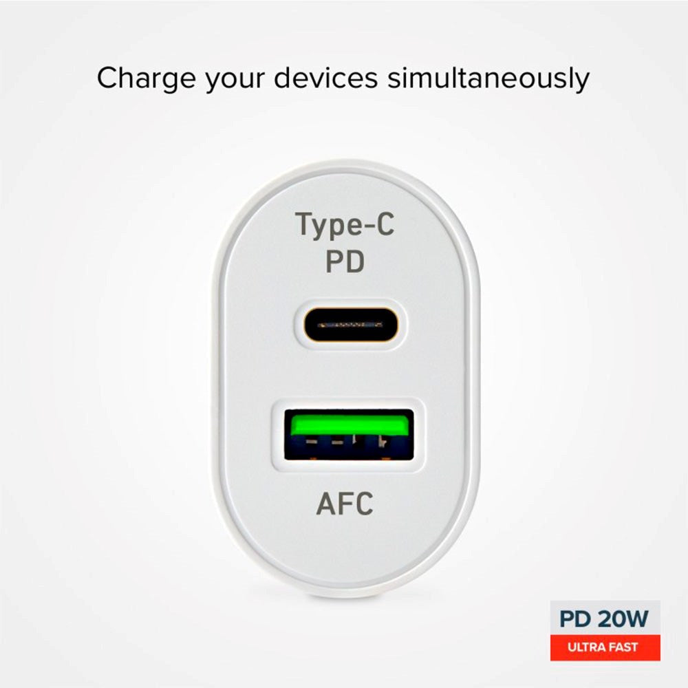 SBS 20W Snabb Väggladdare med USB-C PD & USB-A AFC - Vit