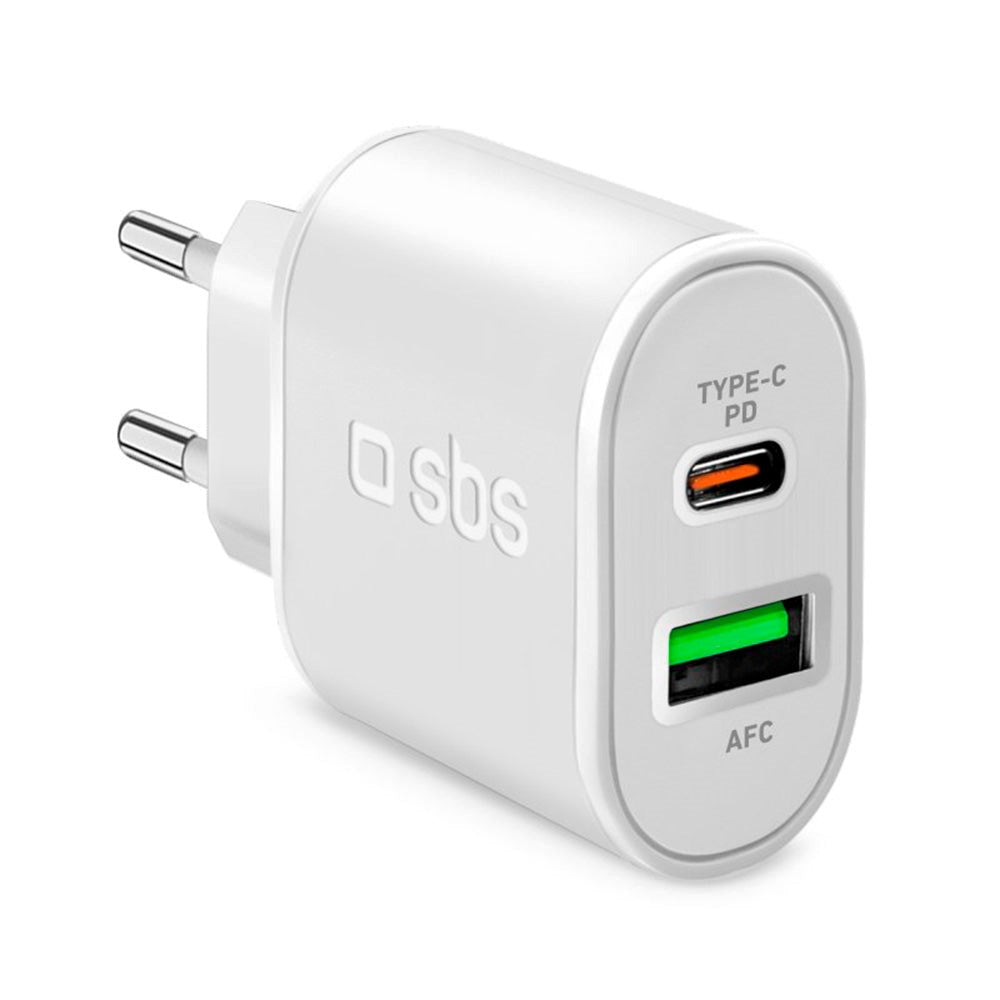 SBS 20W Snabb Väggladdare med USB-C PD & USB-A AFC - Vit