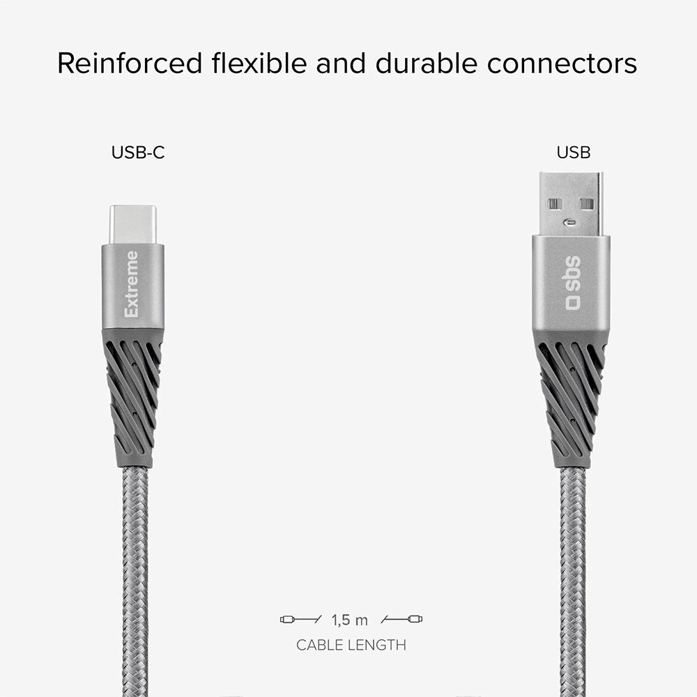 SBS Extreme Collection USB-A till USB-C flätad Aramidfiberkabel - 1,5 meter - 480 Mbit/s - Svart