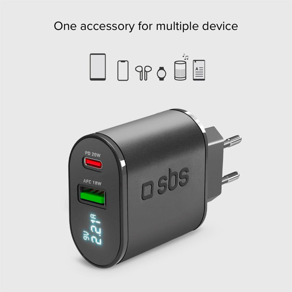 SBS 20W LCD-Skärm Väggladdare med USB-C PD & USB-A AFC - Svart