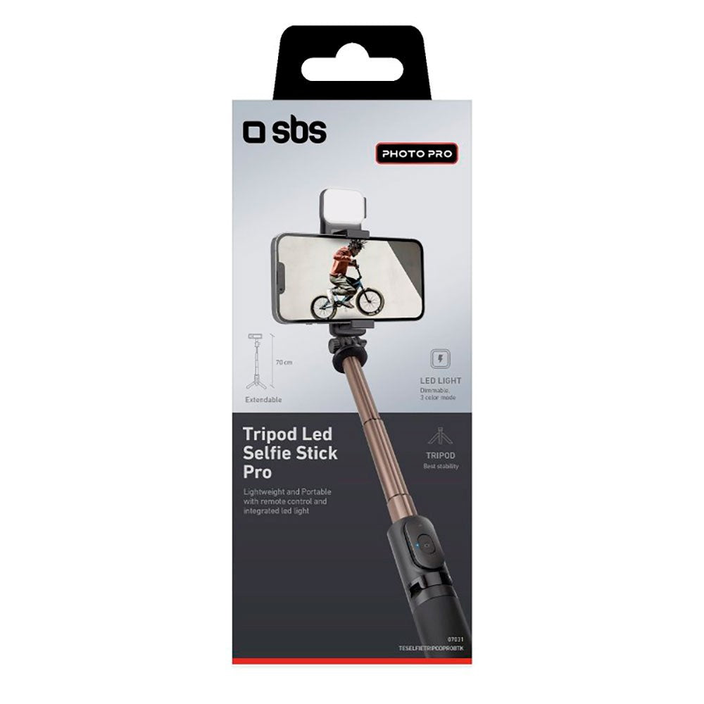 SBS Selfie Stick med Inbyggd LED & Stativ - Max Mobil: 60 - 95mm - Svart