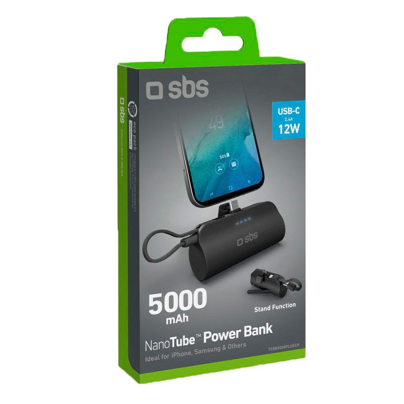 SBS Powerbank Nano Tube 12W / 5 000mAh med Stativ och USB-C - USB-C-kabel - Svart