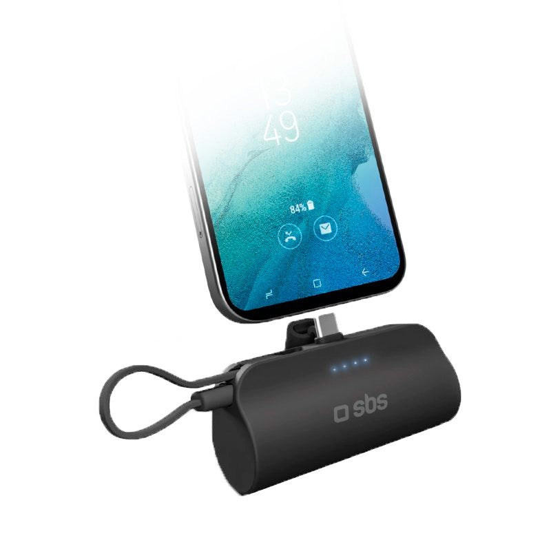 SBS Powerbank Nano Tube 12W / 5 000mAh med Stativ och USB-C - USB-C-kabel - Svart