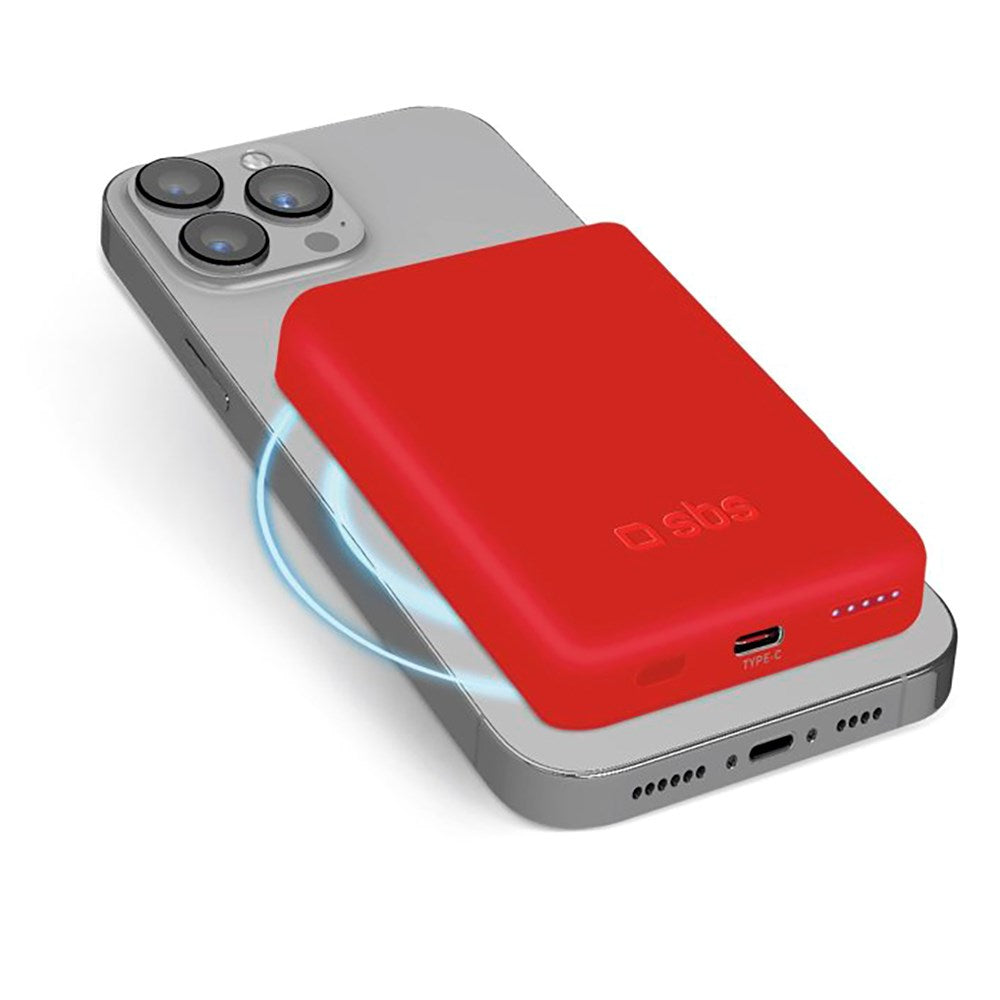 SBS Mag PowerBank 5000 mAh med USB-C & Trådlös Laddning - Röd