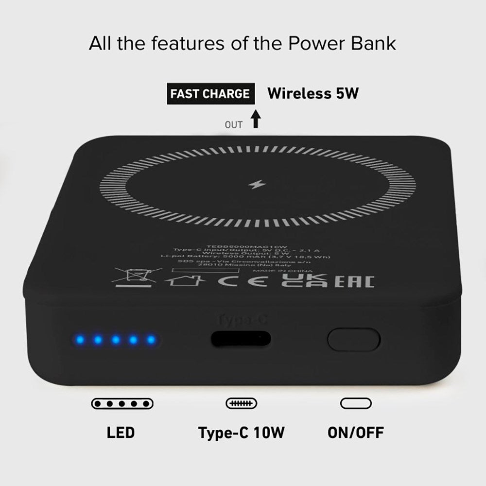 SBS Mag PowerBank 5000 mAh med USB-C & Trådlös Laddning - Svart