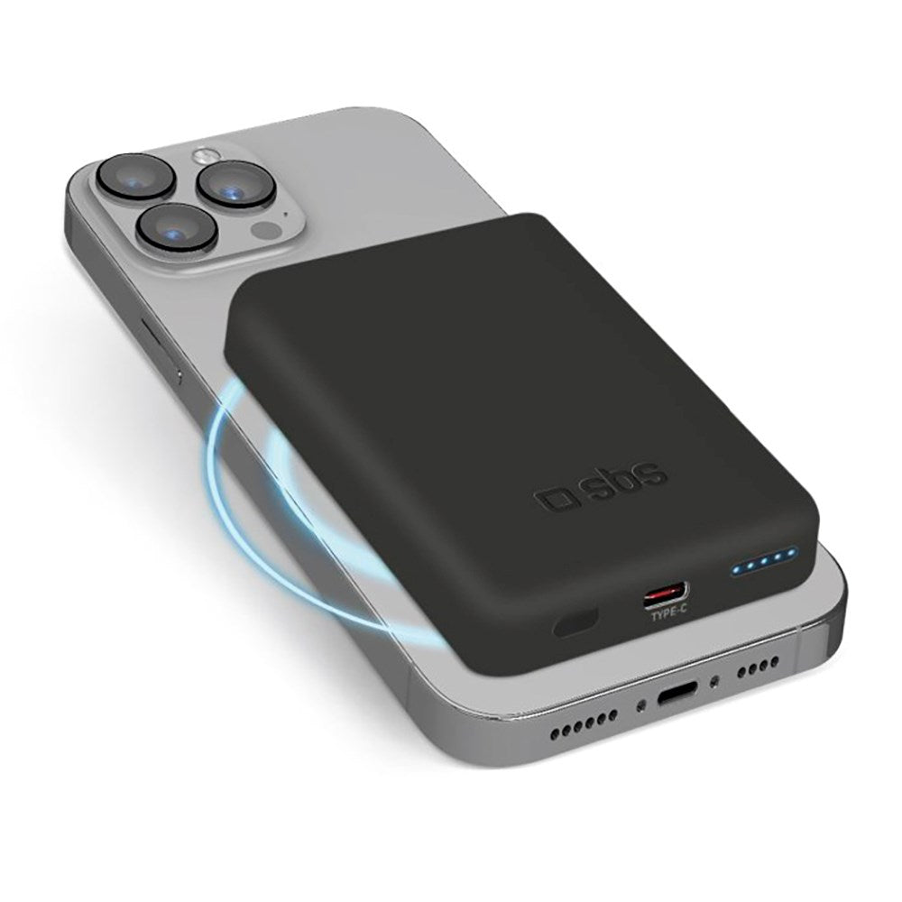 SBS Mag PowerBank 5000 mAh med USB-C & Trådlös Laddning - Svart