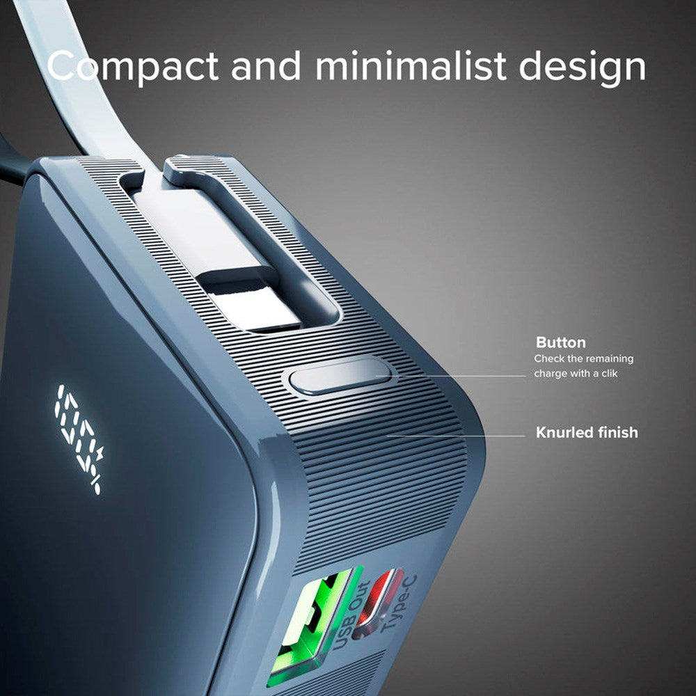 SBS - 20W LCD PowerBank m. 1x USB-A & 1x USB-C - 10.000 mAh - Blå