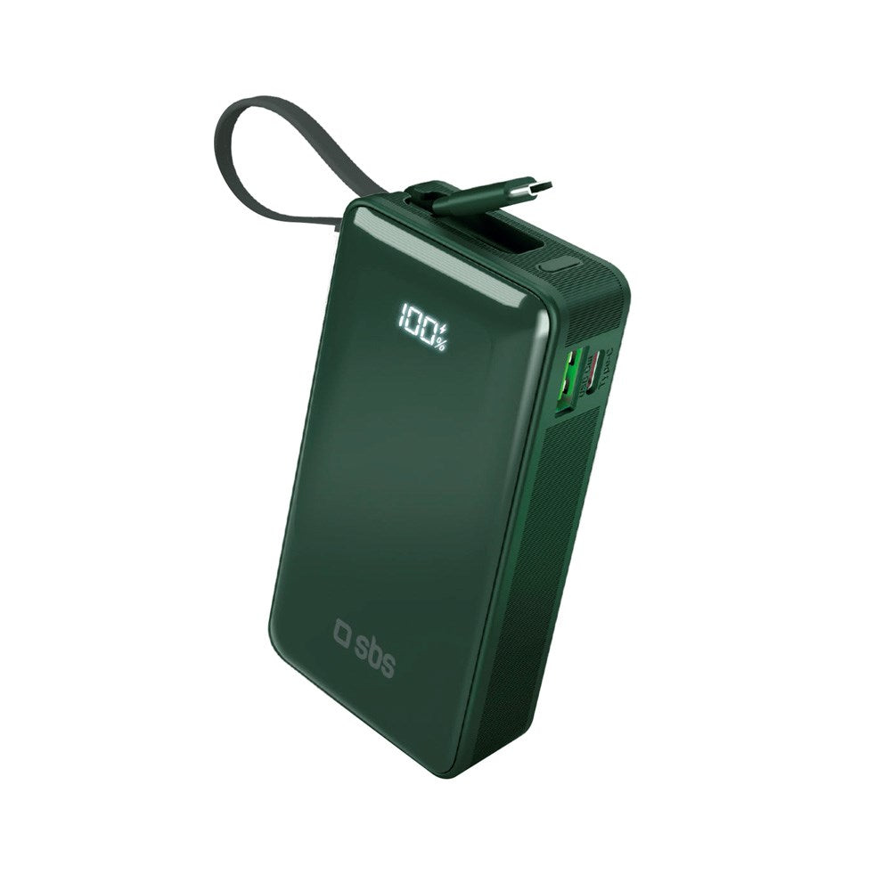 SBS - 20W LCD PowerBank m. 1x USB-A & 1x USB-C - 10.000 mAh - Grön