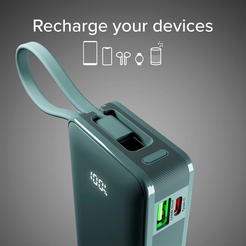 SBS - 20W LCD PowerBank m. 1x USB-A & 1x USB-C - 10.000 mAh - Ljusblå