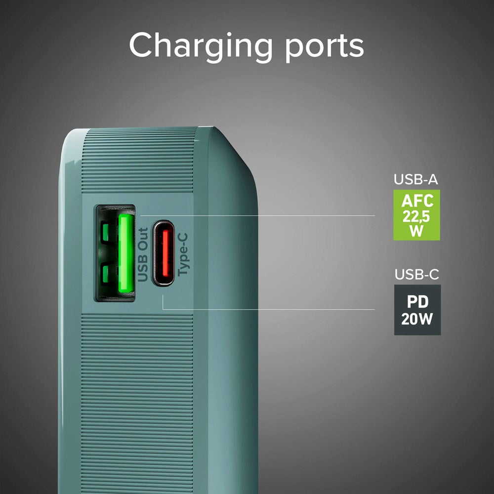 SBS - 20W LCD PowerBank m. 1x USB-A & 1x USB-C - 10.000 mAh - Ljusblå