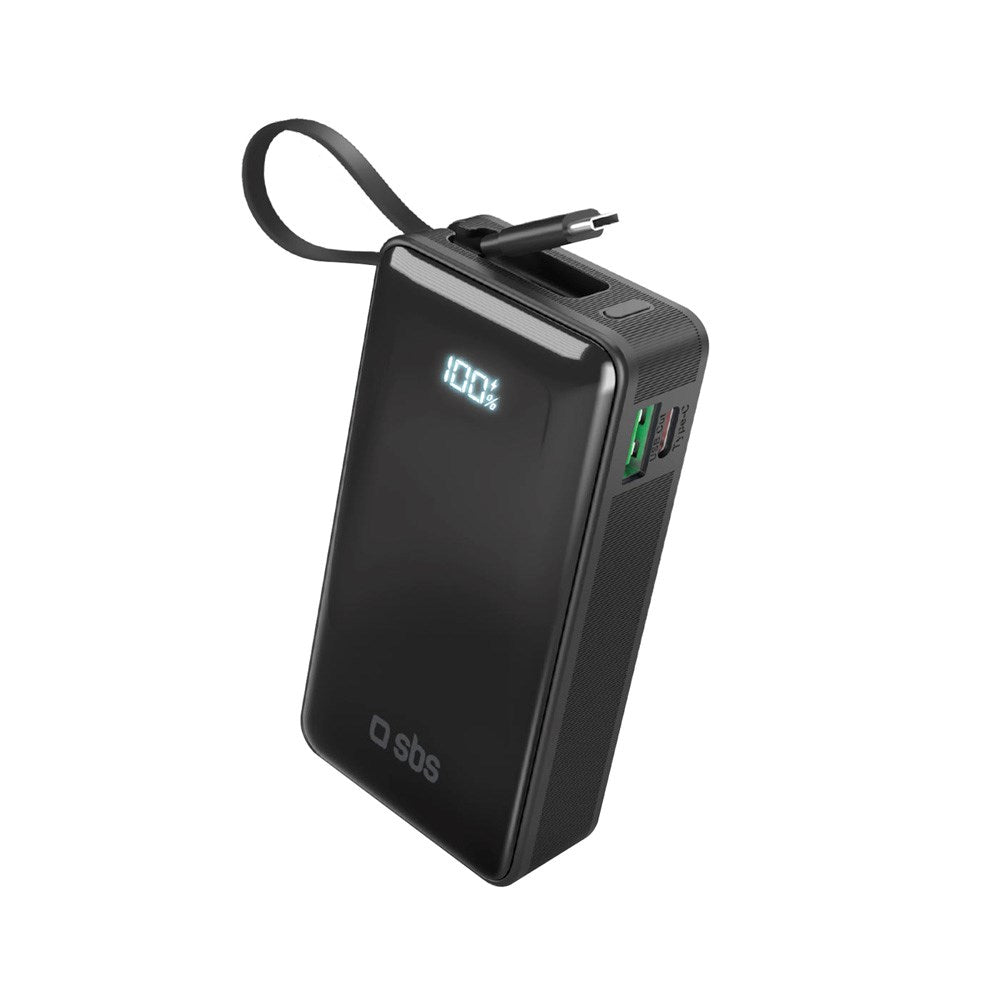 SBS - 20W LCD PowerBank m. 1x USB-A & 1x USB-C - 10.000 mAh - Svart