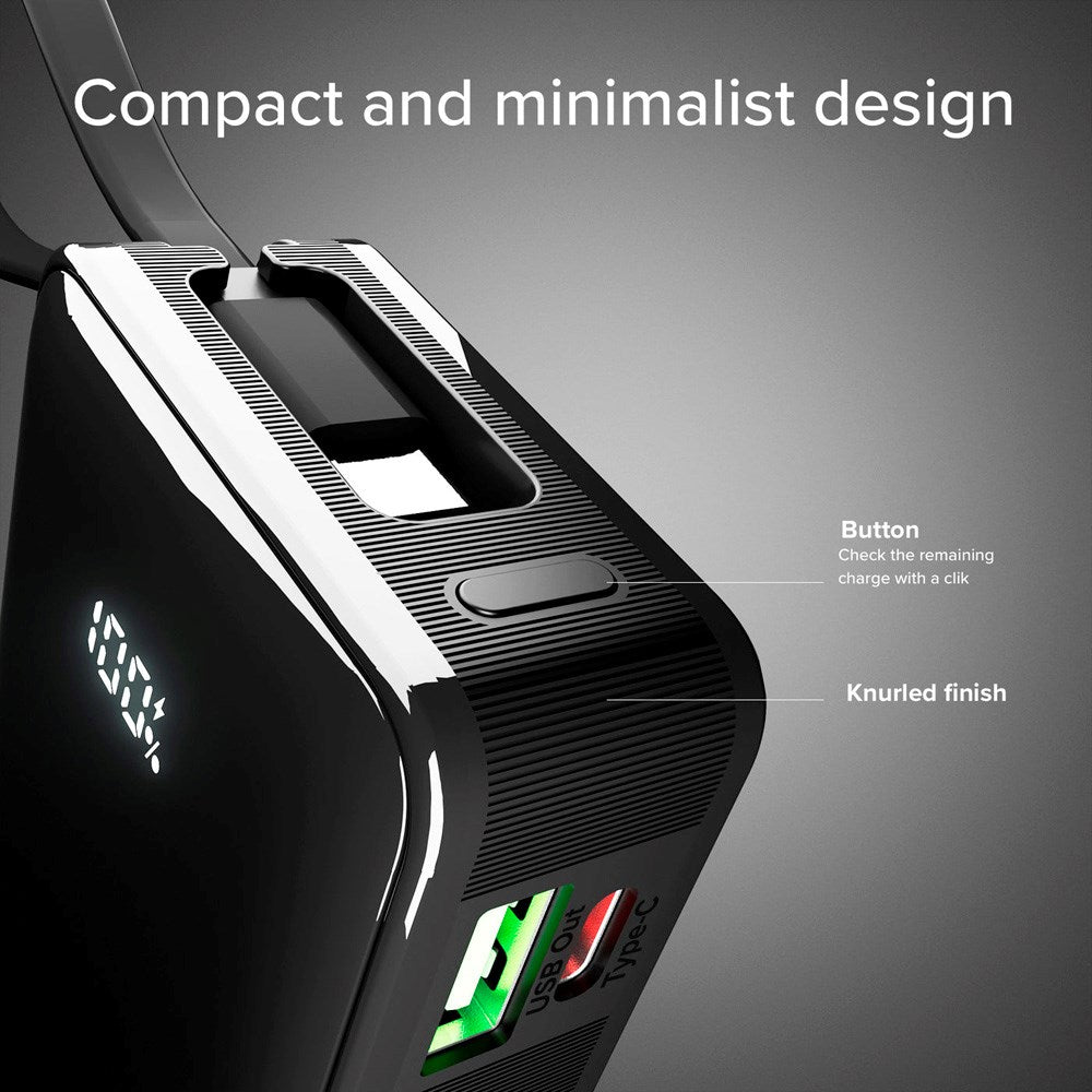 SBS - 20W LCD PowerBank m. 1x USB-A & 1x USB-C - 10.000 mAh - Svart