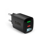 SBS - 30W LCD Väggladdare m. 1x USB-A & 1x USB-C - Svart