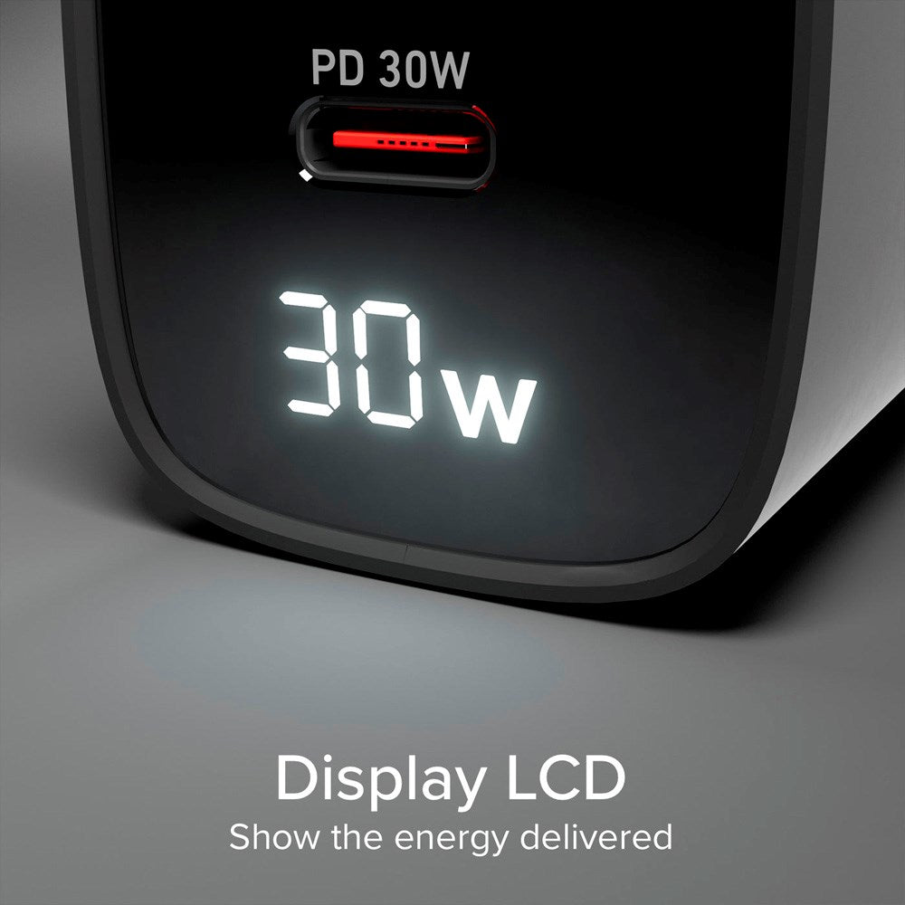 SBS - 30W LCD Väggladdare m. 1x USB-A & 1x USB-C - Svart