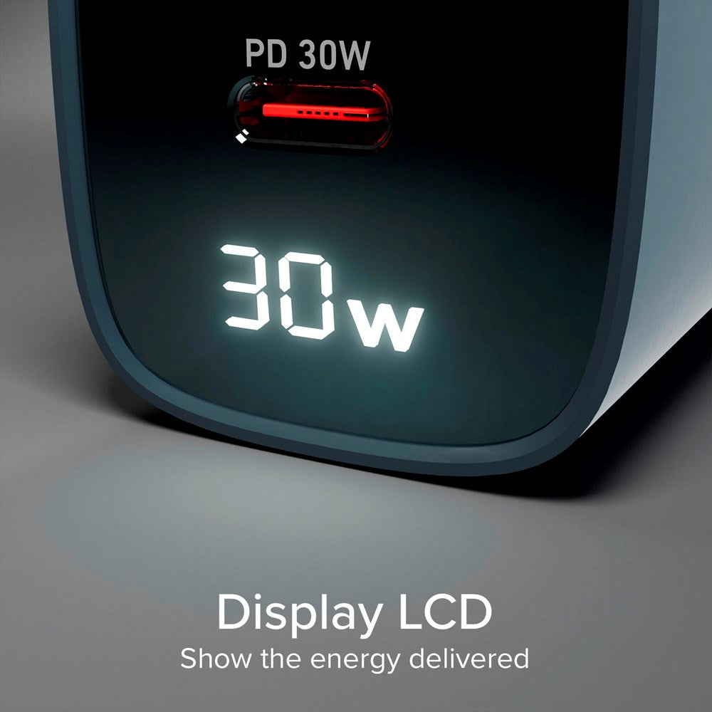 SBS - 30W LCD Väggladdare m. 1x USB-A & 1x USB-C - Blå