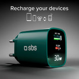 SBS - 30W LCD Väggladdare m. 1x USB-A & 1x USB-C - Grön