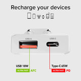 SBS 65W Flexi Vikbar Väggladdare m. 1x USB-A & 1x USB-C - Vit