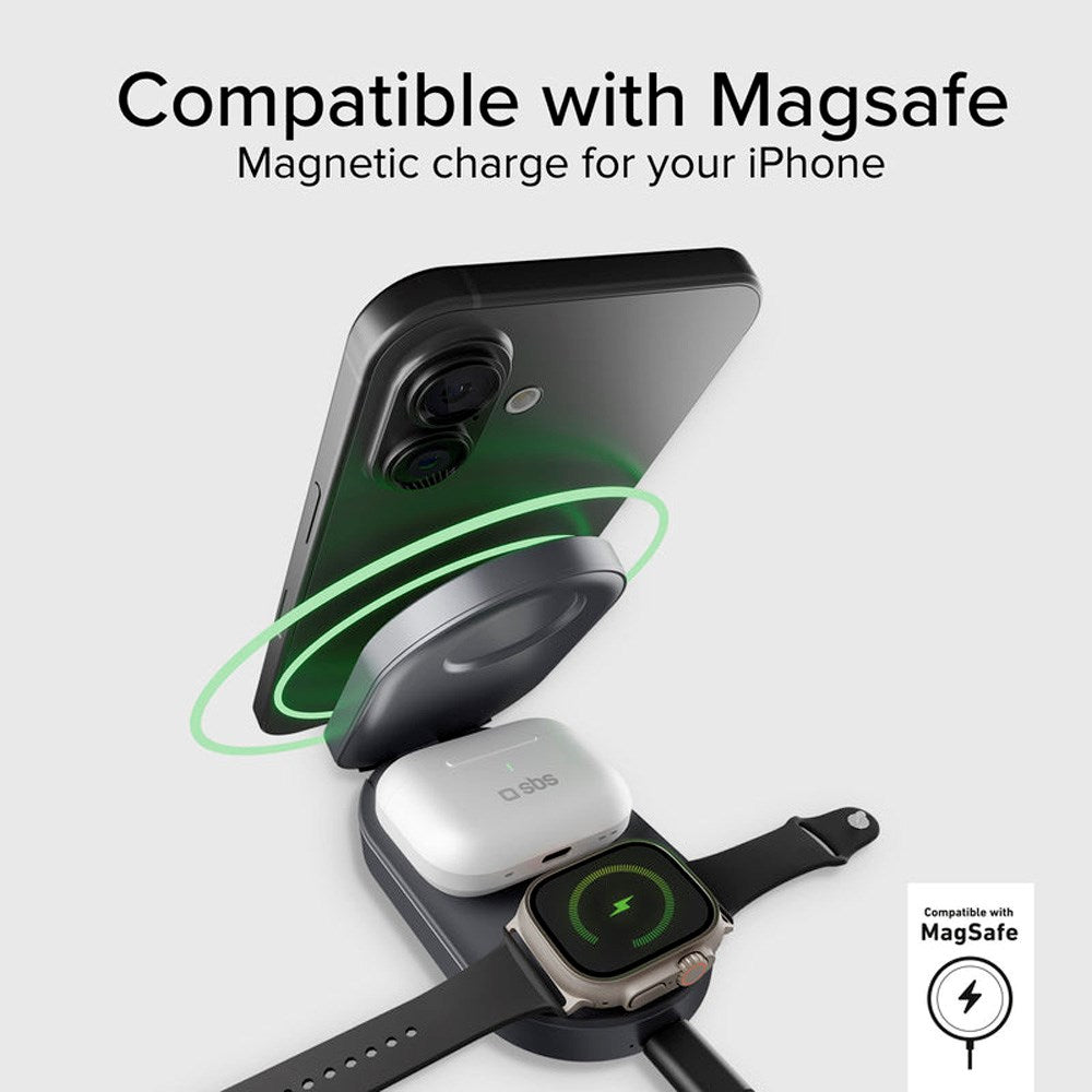 SBS Qi2 3-i-1 Fällbar Trådlös Laddare - MagSafe Kompatibel - Svart