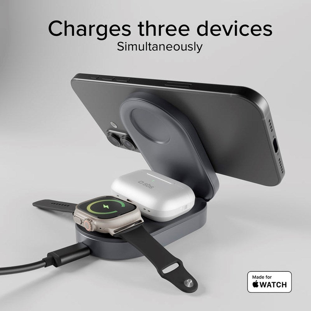 SBS Qi2 3-i-1 Fällbar Trådlös Laddare - MagSafe Kompatibel - Svart