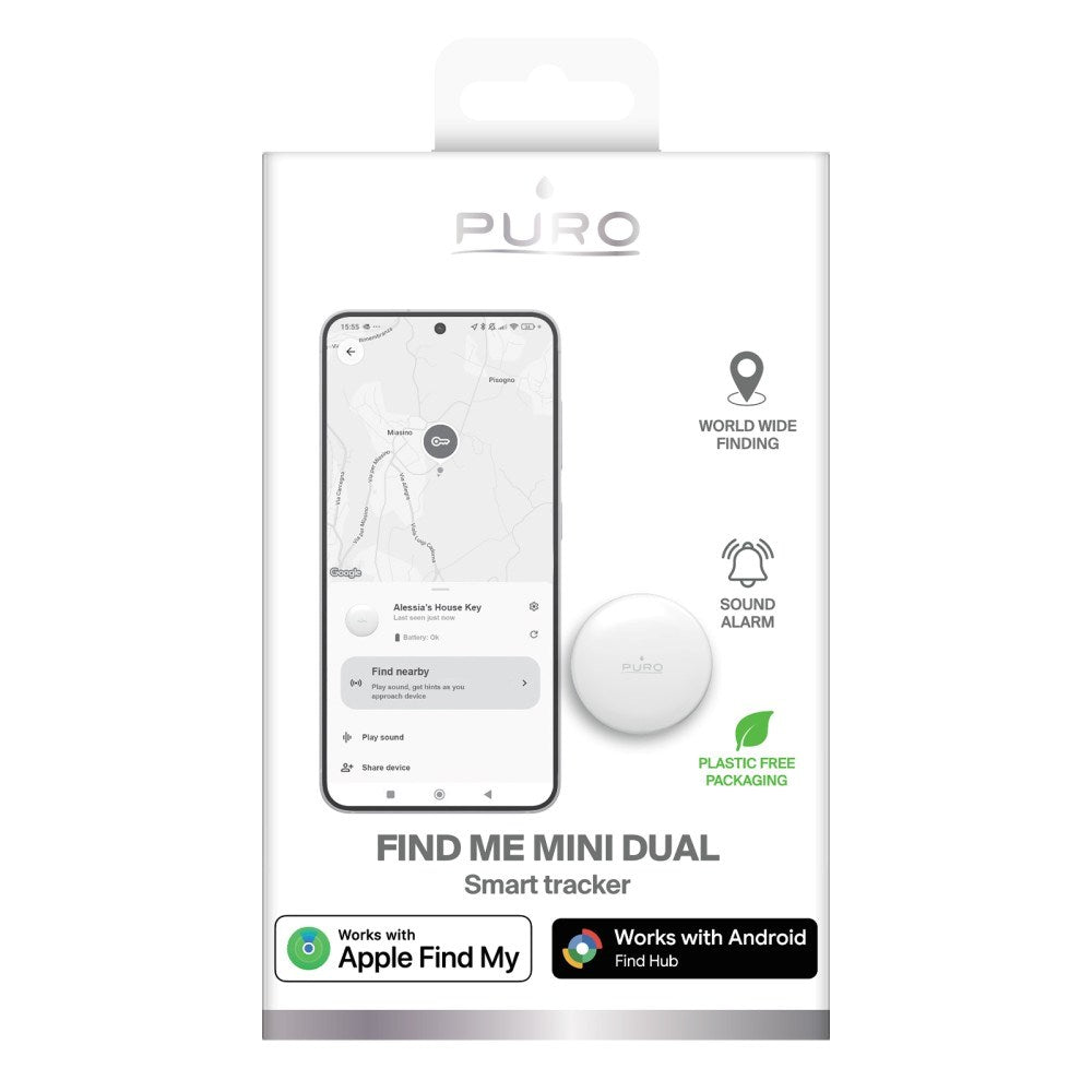Puro Find Me Mini Dual Smart Tracker - Apple Find My & Android Find Hub - Vit
