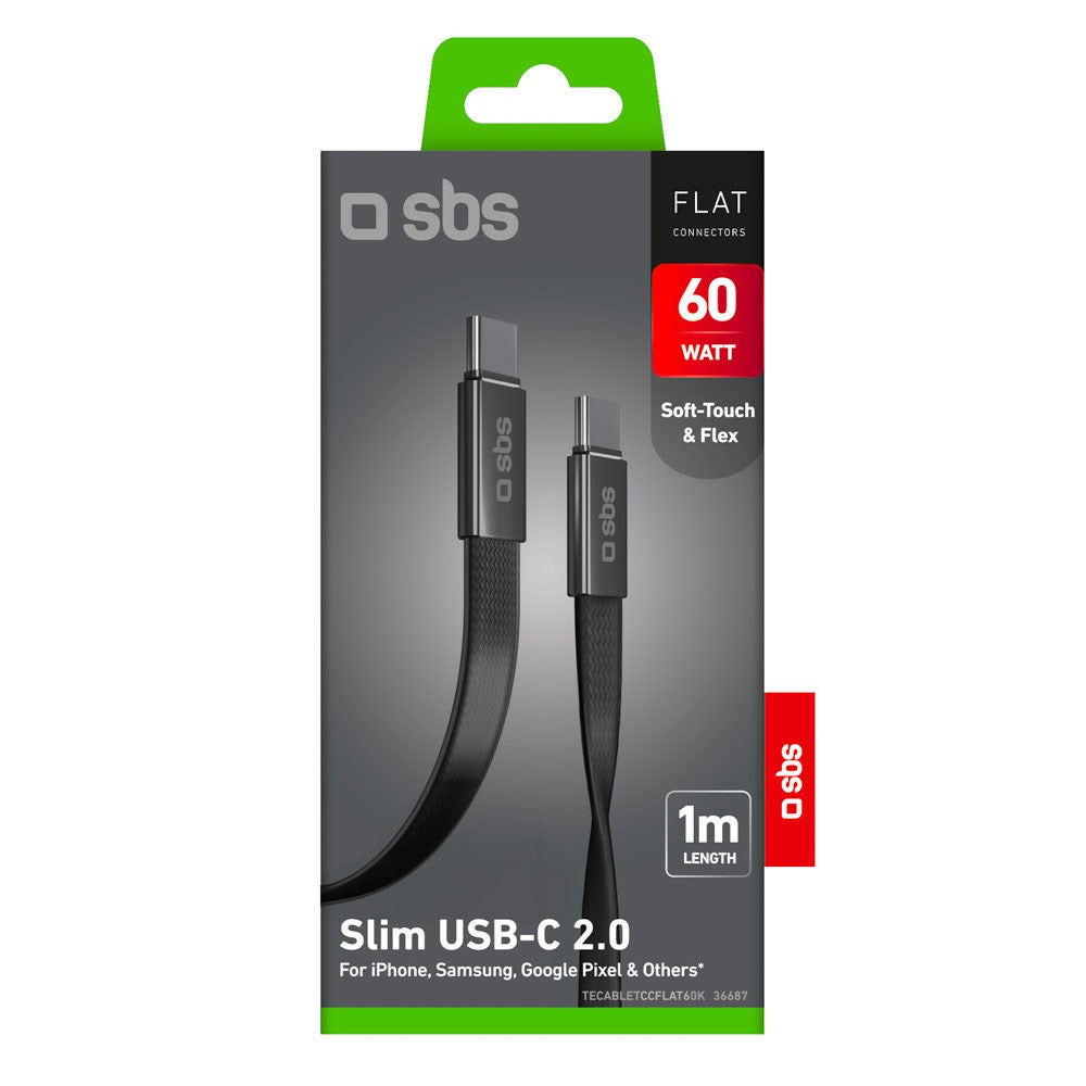 SBS 60W Platt USB-C till USB-C Kabel - 1m - Svart