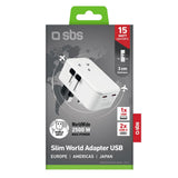 SBS Extra Slim Reseadapter för UK / USA / AUS med 1 x USB-A & 2 x USB-C - Vit