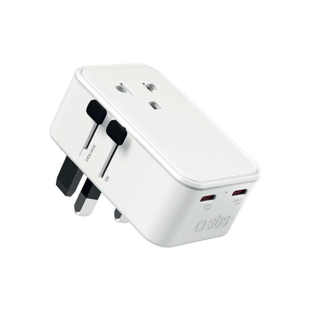 SBS Extra Slim Reseadapter för UK / USA / AUS med 1 x USB-A & 2 x USB-C - Vit