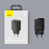 Baseus Compact 20W Väggladdare USB-C och USB-A Quick Charge - Svart