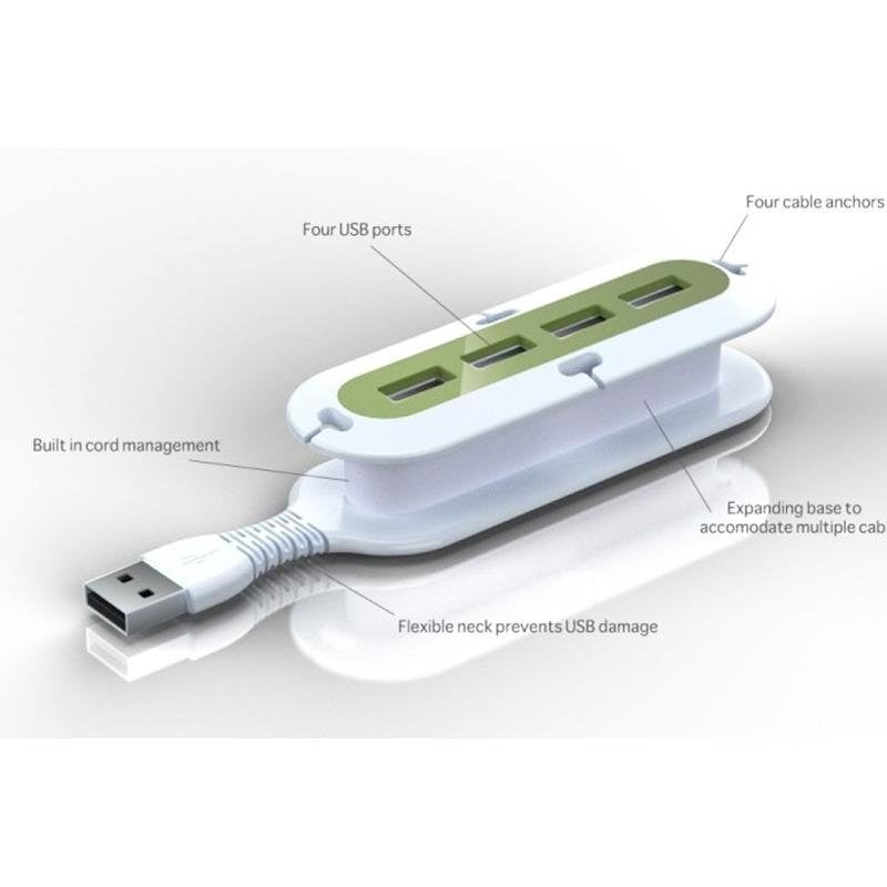 Contort From Quirky - 4-port USB Hub m. Kabelorganizer & SuperFlex - Hvid / Grøn