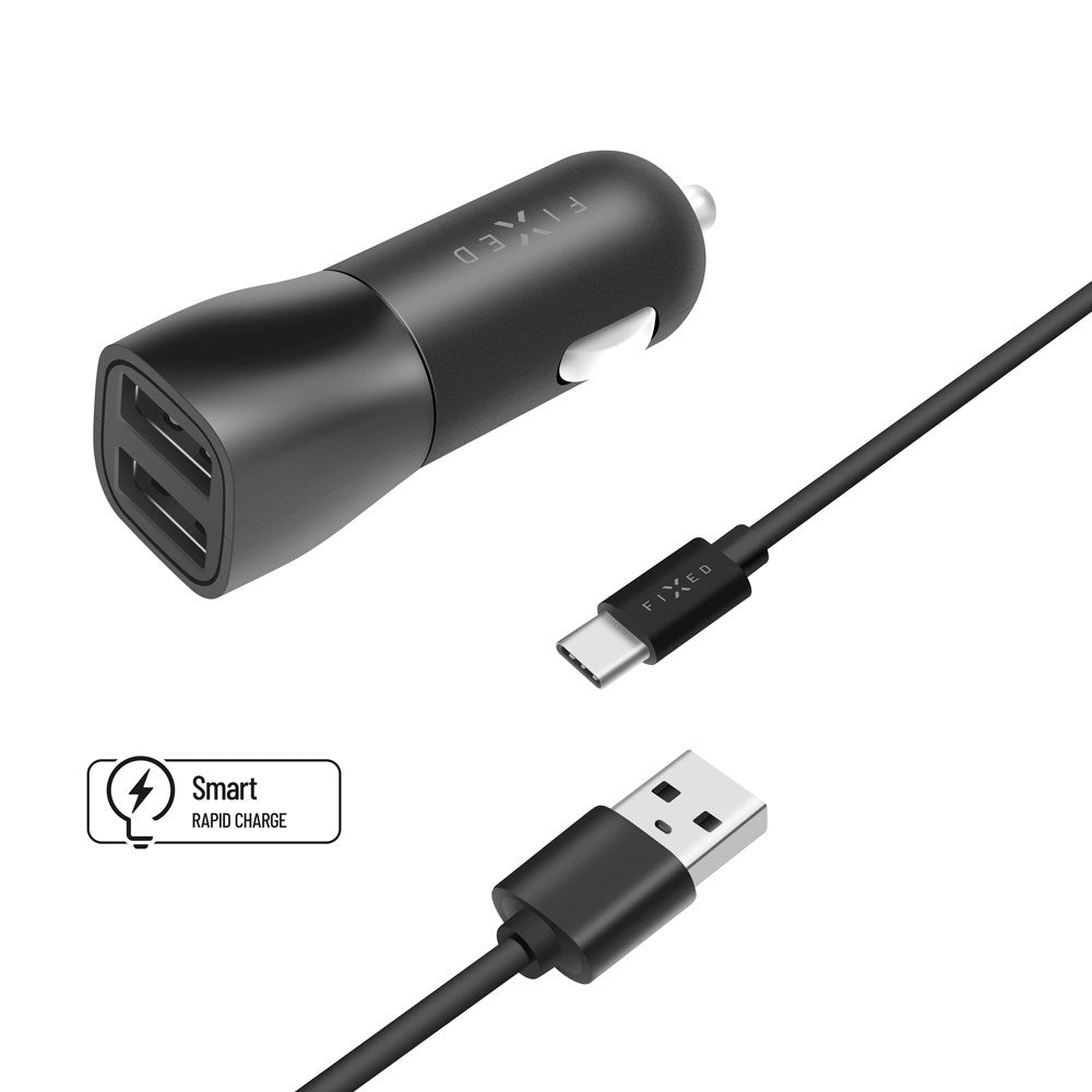 Fixed Dual Billaddare 15W med 2 x USB-A & 1 x USB-A till USB-C Kabel - Svart