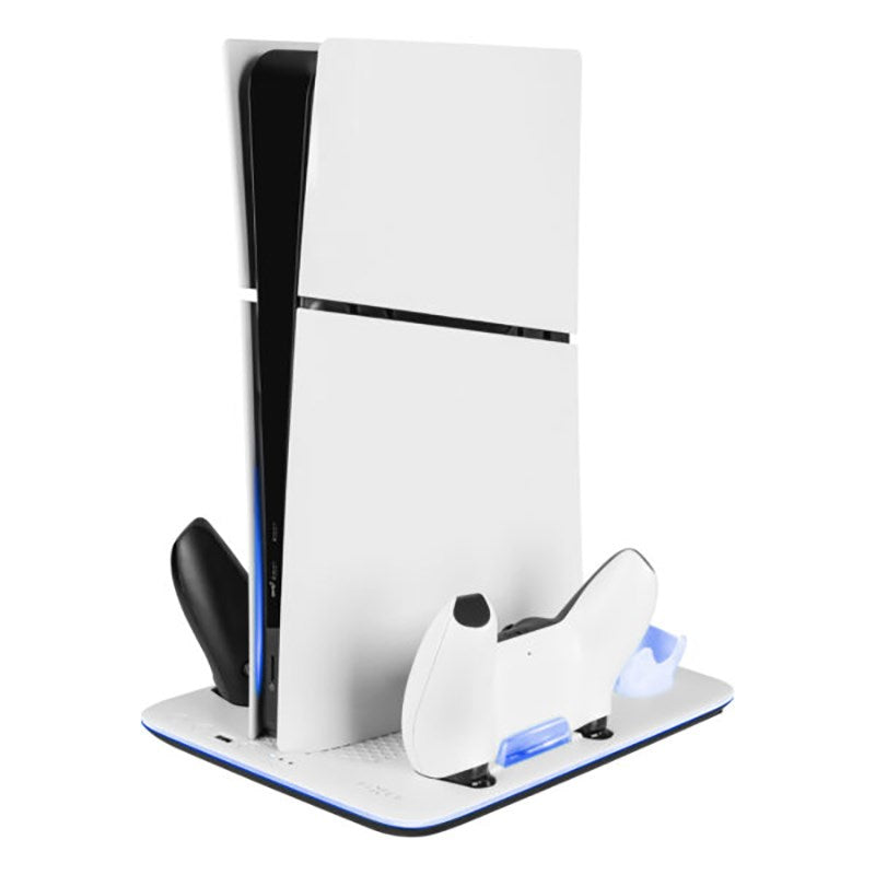 PS5 Slim Stand med kylning / 1 x USB-C & 1 x USB-A / 2 x PS5 Controller Laddningsplatser - Svart / Vit.