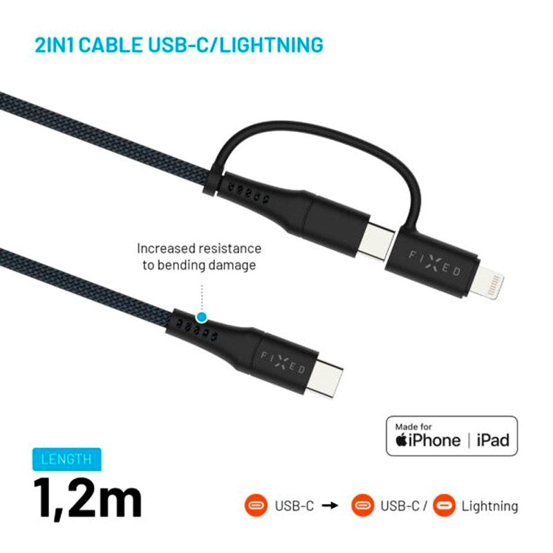 Fixed 2-i-1 60W USB-C till Lightning Kabel 1.2m - Svart