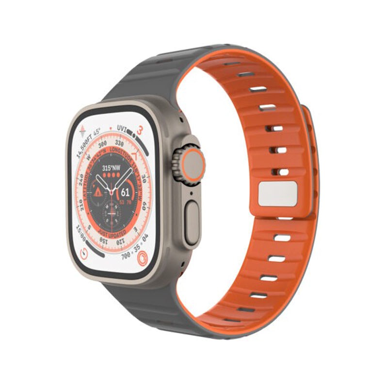 Apple Watch (42/44/SE/45/46/49mm) Fixed Magnetiskt Silikonarmband - Grå / Orange