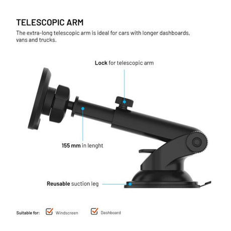 Fixed Mobiltelefonhållare för Bil med 15W Trådlös Laddning - Vindruta / Instrumentbräda - Svart