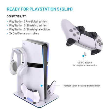 PS5 PRO/Slim-stativ med kylning 2 x laddningsplatser för PS5-kontroll - Vit
