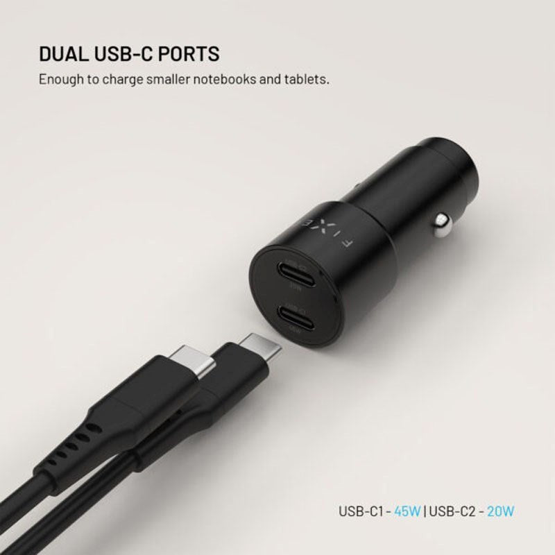 Fixed Billaddare 65W med 2 x USB-C - Svart
