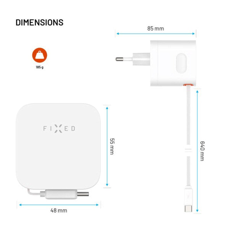 Fixed 65W USB-C Väggladdare med Utdragbar USB-C Kabel - Vit