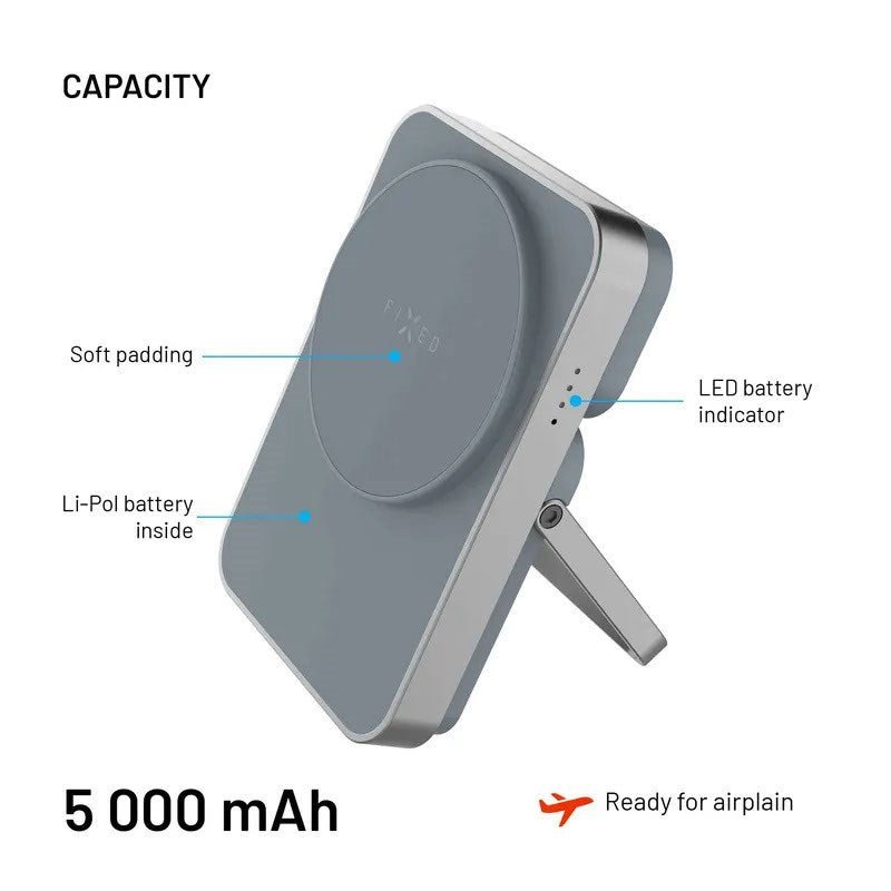 Fixed MagZen 5 20W Qi2 PowerBank m. Stativfunktion & Apple Watch Laddare - MagSafe Kompatibel - 5000 mAh - Grå