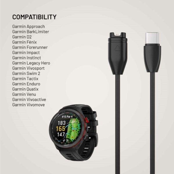 Fixed USB-C Laddningskabel för Garmin Smartwatch - 2m - Svart