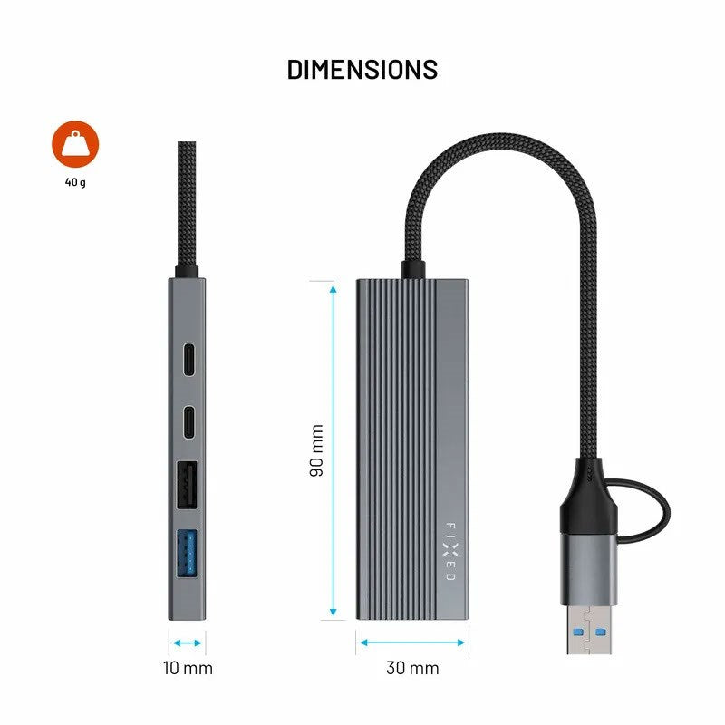 Fixed 4-i-1 USB-C-Multiport med 2 x USB-A 2 x USB-C - Silver