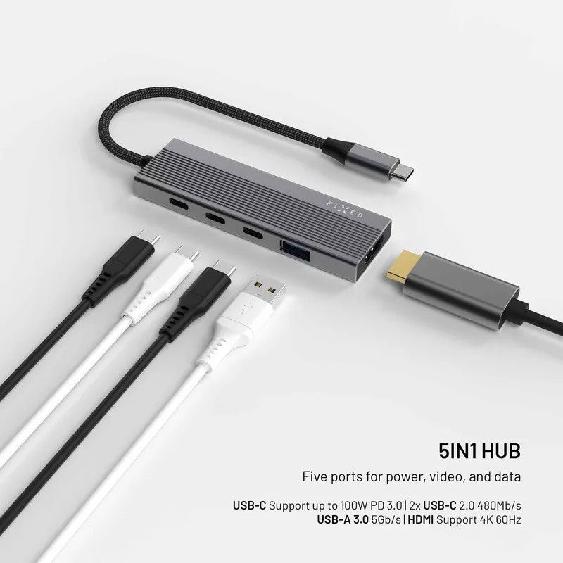 Fixed 5-i-1 USB-C Multiport med 3 x USB-C 1 x USB-A 1 x HDMI - Silver