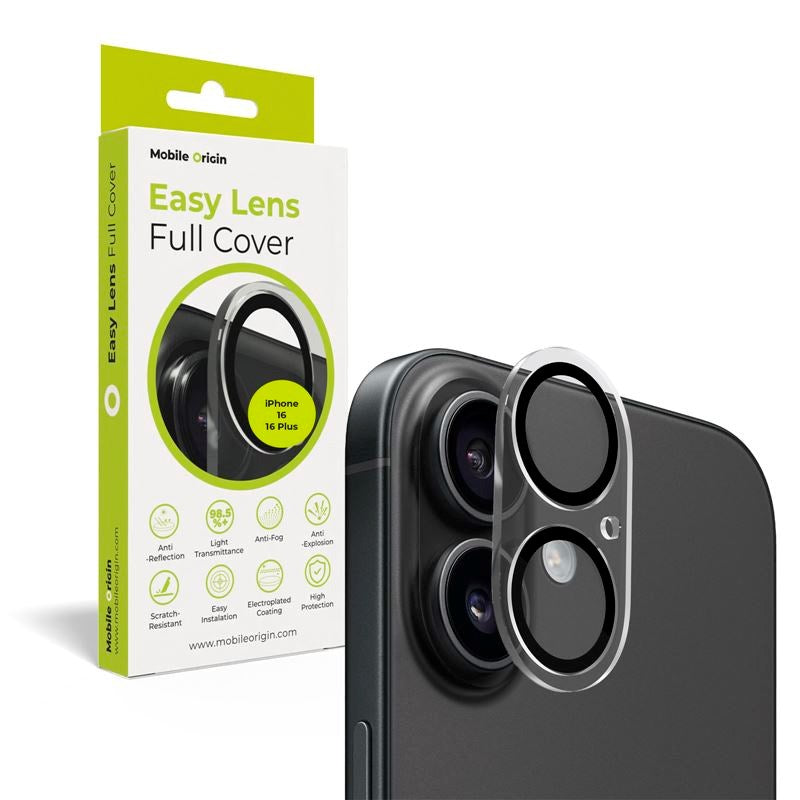 iPhone 16 / 16 Plus Mobile Origin Härdat Glas Kameralinsskydd - Genomskinlig / Svart Kant