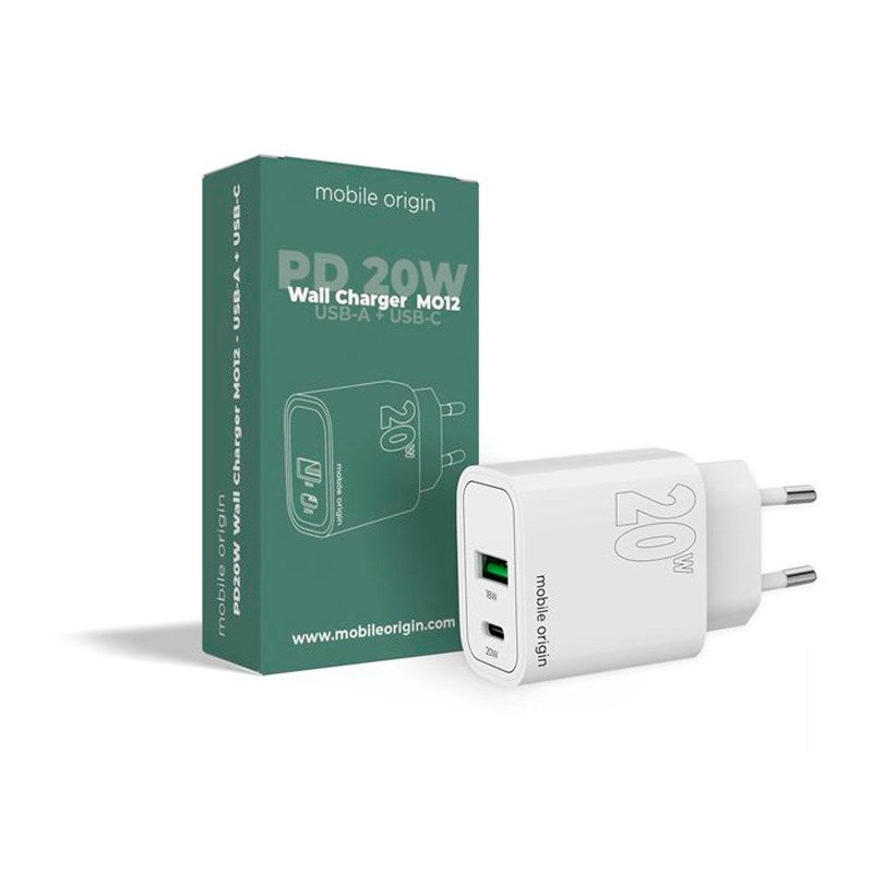 Mobile Origin MO12 20W Väggladdare m. 1x USB-A & 1x USB-C - Vit